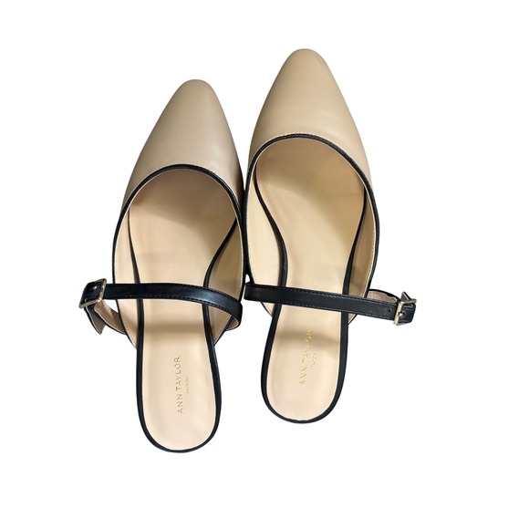 NWOT Ann Taylor Womens Pointed Round Toe Mule 8.5 Leather‎ Beige Black Office - Picture 1 of 5